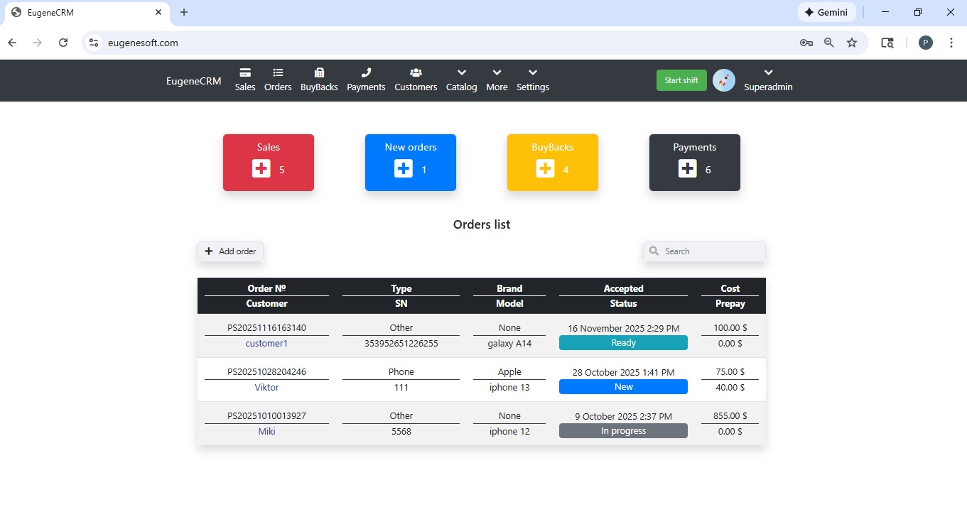 EugeneCRM dashboard screenshot